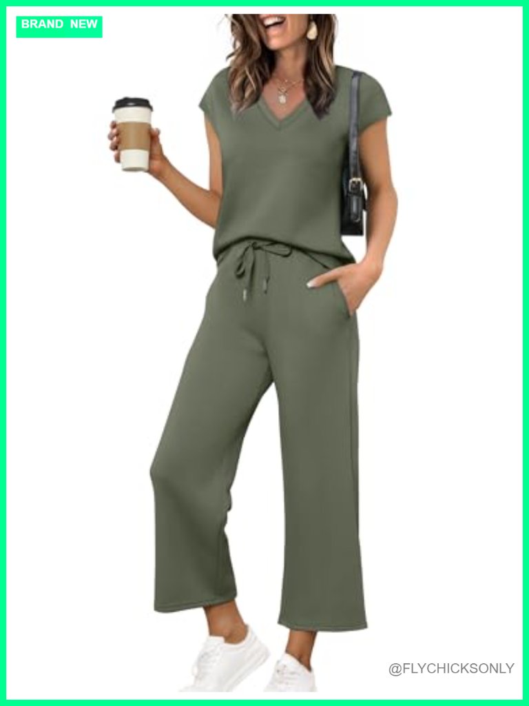 Two Piece Lounge Set Cap Sleeve V Neck Top Wide Leg Pants Vacation Travel Outfit